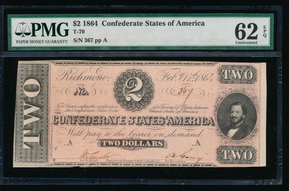 1864 $2 T-70 Confederate PMG 62EPQ: One 1864 $2 T-70 Confederate PMG 62EPQ.
