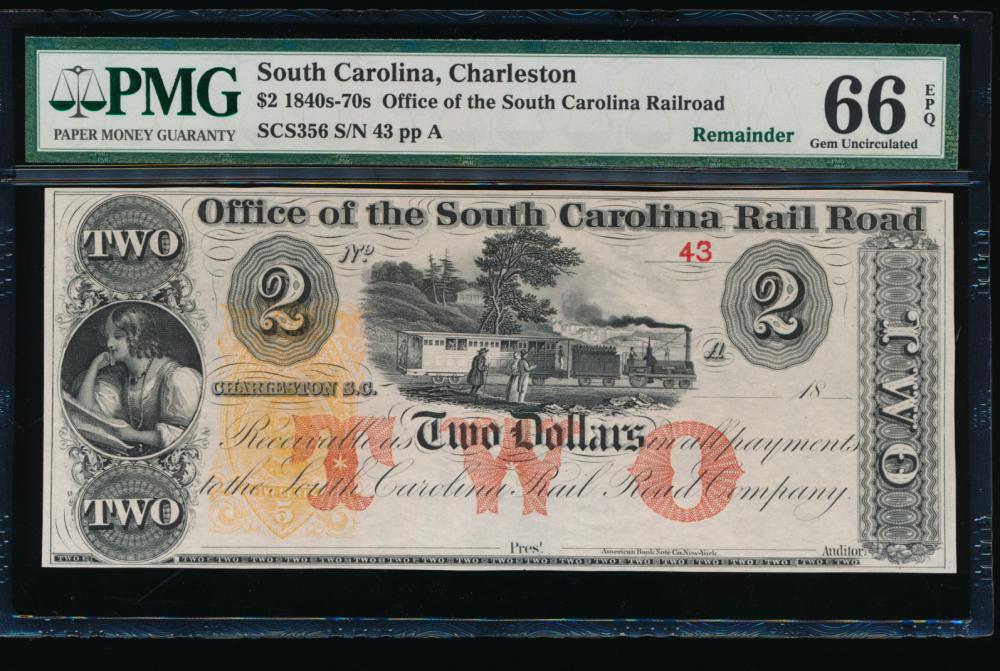 1840-70's $2 Charleston SC PMG 66EPQ: One 1840-70's $2 Charleston SC PMG 66EPQ.