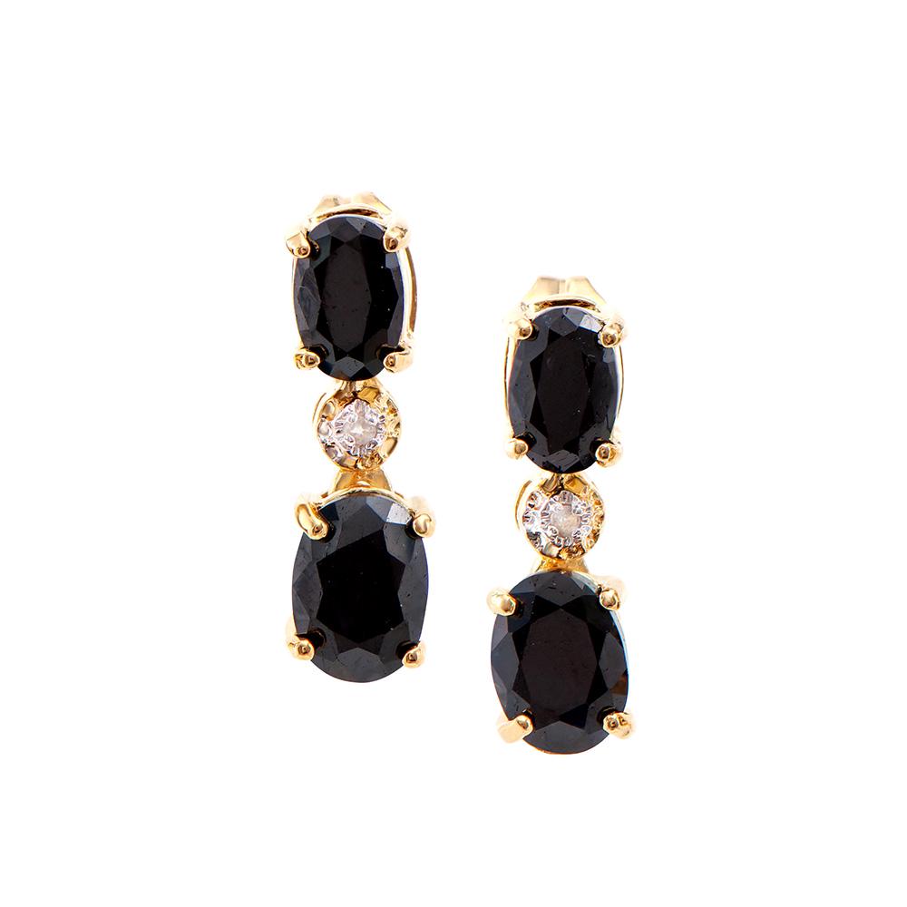 Plated 18KT Yellow Gold 3.30ctw Black Sapphire and: One Plated 18KT Yellow Gold 3.30ctw Black Sapphire and Diamond Earrings. 2 pieces of Oval Sapphires measuring 7x5mm. 2 pieces of Oval Sapphires measuring 6x4mm. 2 pieces of 1.1mm round diamonds. Total