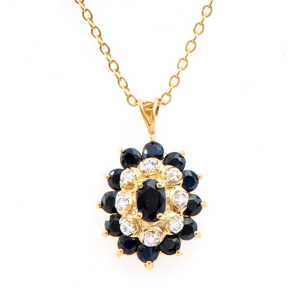 Plated 18KT Yellow Gold 2.60ctw Black Sapphire and: One Plated 18KT Yellow Gold 2.60ctw Black Sapphire and Diamond Pendant with Chain. (1) center black Sapphire measuring 6x4mm. (12) black Sapphires measuring 3.1mm. (8) round diamonds measuring 1.1mm. 