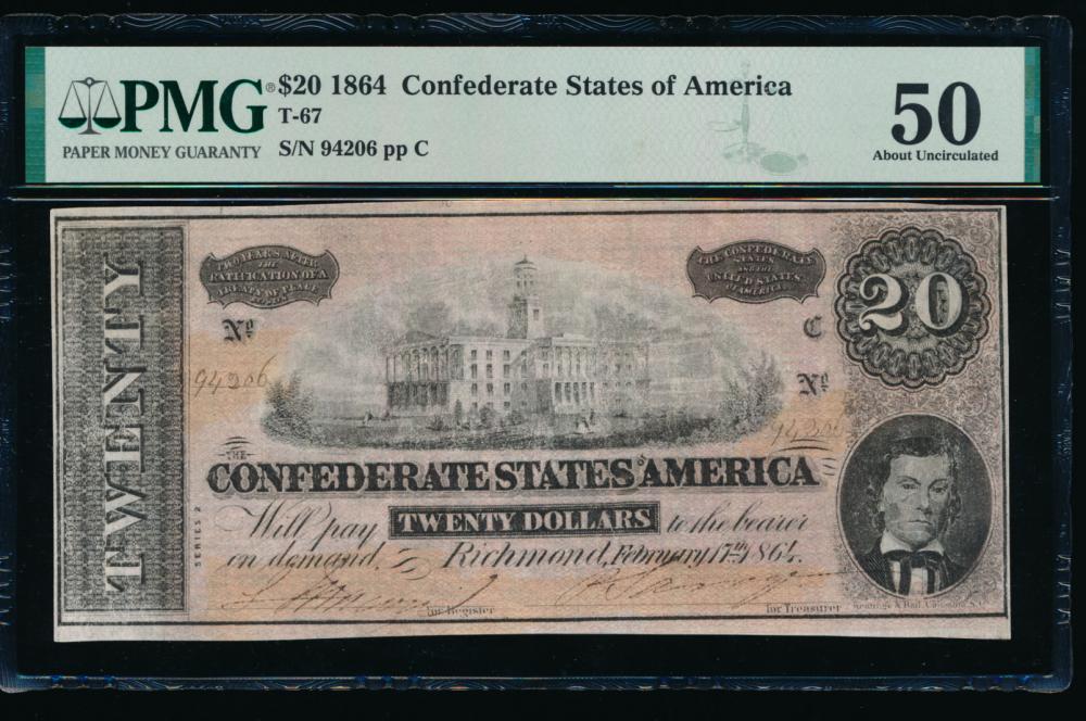 1864 $20 T-67 Confederate PMG 50: One 1864 $20 T-67 Confederate PMG 50.