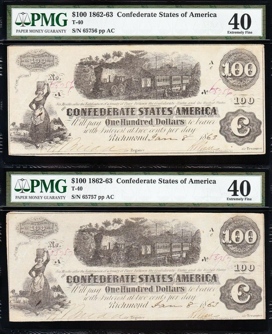 1862-63 $100 Consecutive T-40 Confederates PMG 40: One pair of 1862-63 $100 Consecutive T-40 Confederates PMG 40.