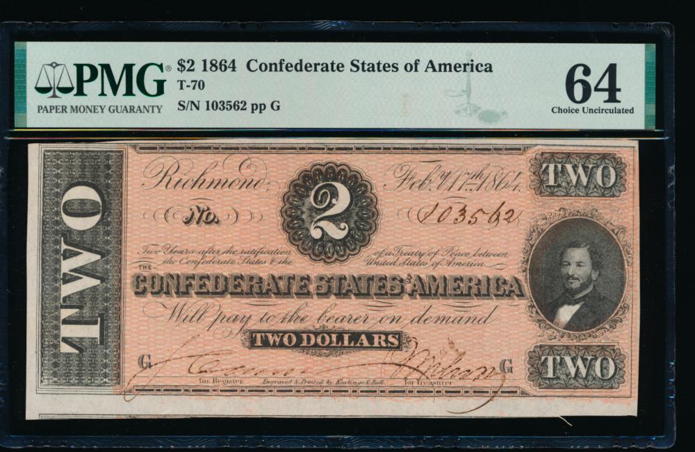 1864 $2 T-70 Confederate PMG 64: One 1864 $2 T-70 Confederate PMG 64.