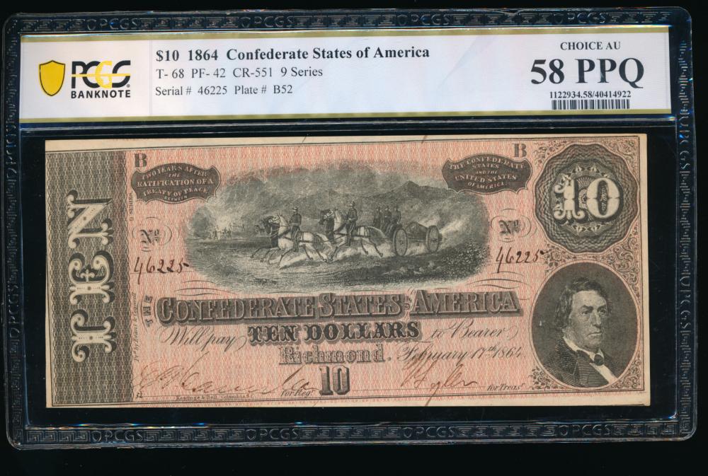 1864 $10 T-68 Confederate PCGS 58PPQ: One 1864 $10 T-68 Confederate PCGS 58PPQ.