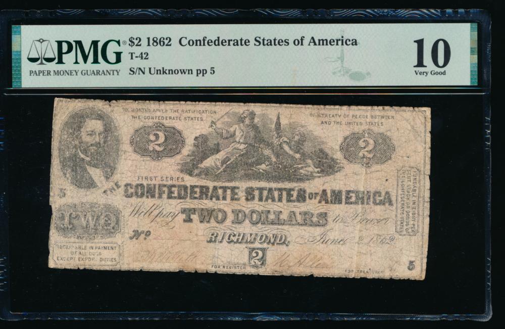 1862 $2 T-42 Confederate PMG 10: One 1862 $2 T-42 Confederate PMG 10.