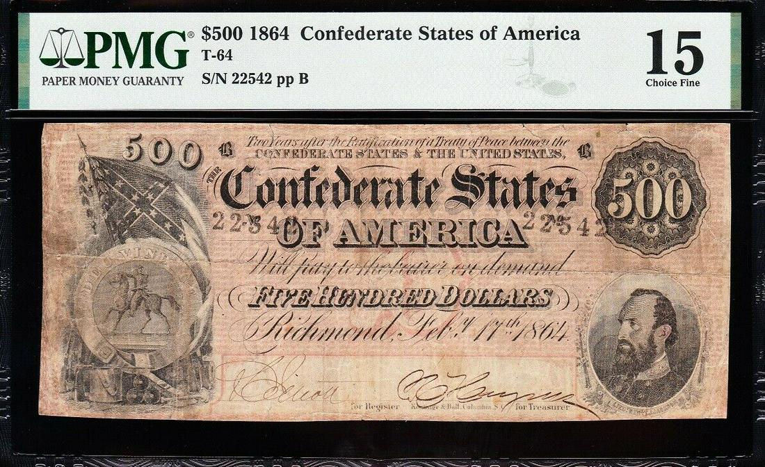 1864 $500 T-64 Confederate PMG 15: One 1864 $500 T-64 Confederate PMG 15.