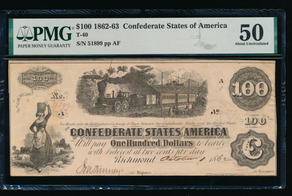 1862-63 $100 T-40 Confederate PMG 50: One 1862-63 $100 T-40 Confederate PMG 50.