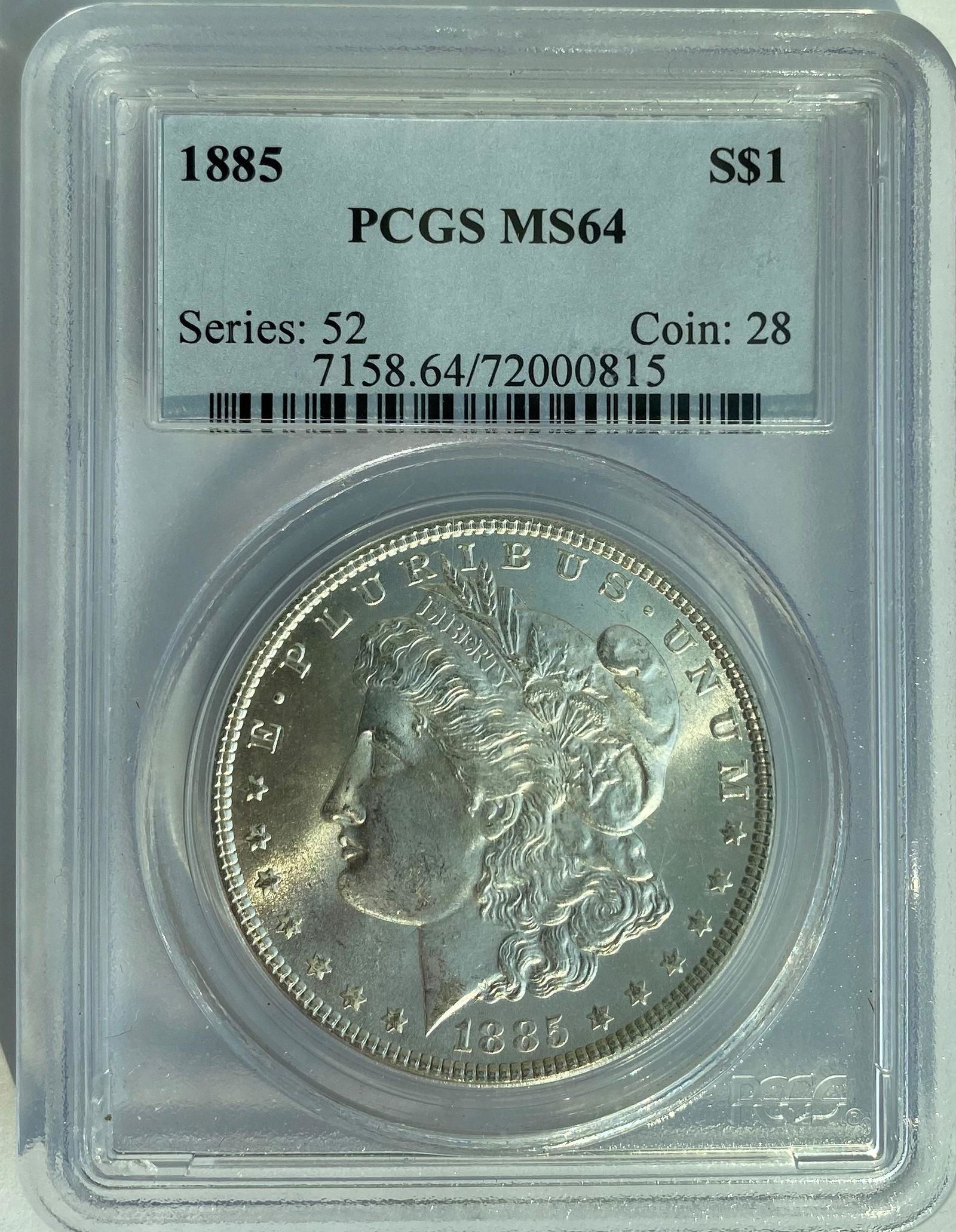 1885 $1 Morgan Silver Dollar PCGS MS64: One 1885 $1 Morgan Silver Dollar PCGS MS64.