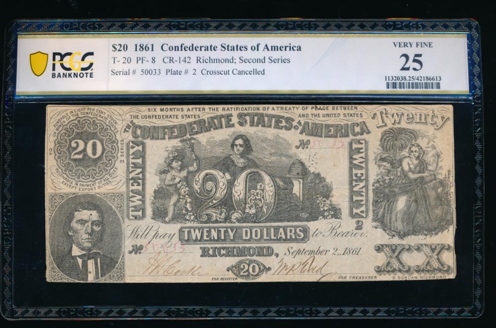 1861 $20 T-20 Confederate PCGS 25: One 1861 $20 T-20 Confederate PCGS 25.