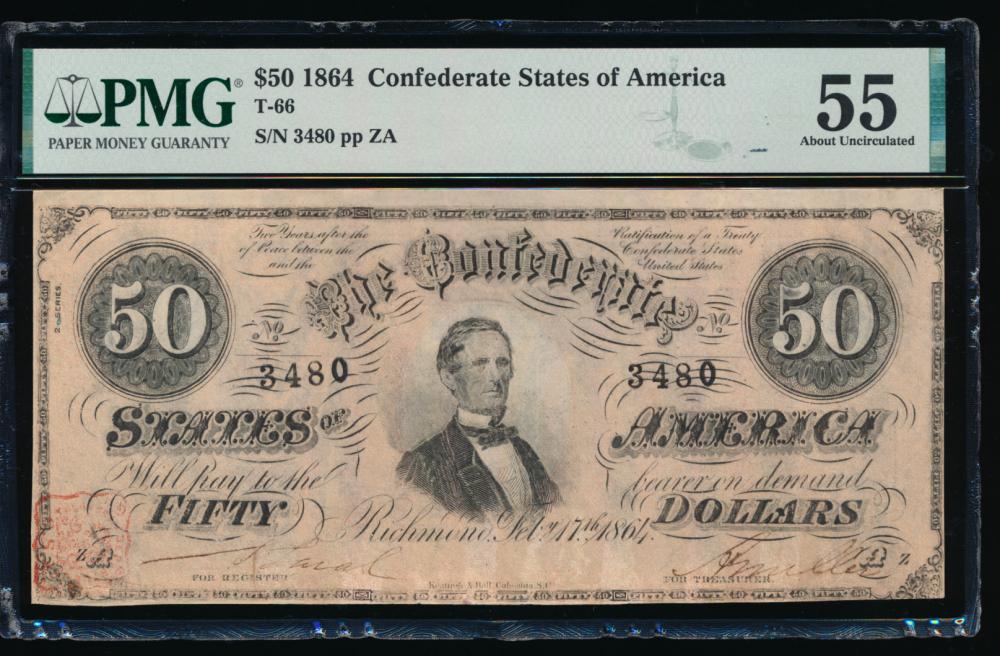1864 $50 T-68 Confederate PMG 55: One 1864 $50 T-68 Confederate PMG 55.