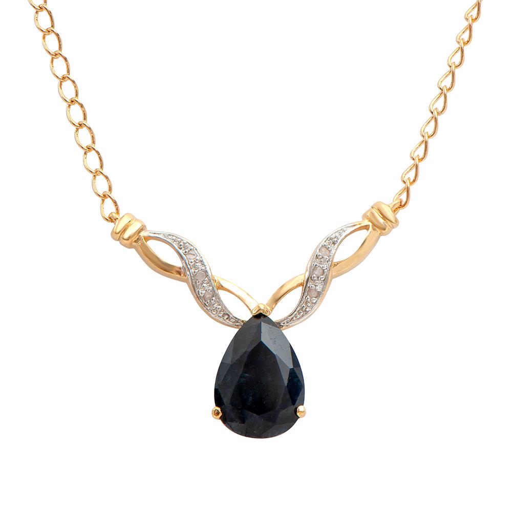 Plated 18KT Yellow Gold 6.05ct Black Sapphire and: One Plated 18KT Yellow Gold 6.05ct Black Sapphire and Diamond Pendant with Chain. 1 piece of Pear shape Black Sapphire measuring 14x10mm with a total weight of 6.05cts. Diamonds with a total weight of