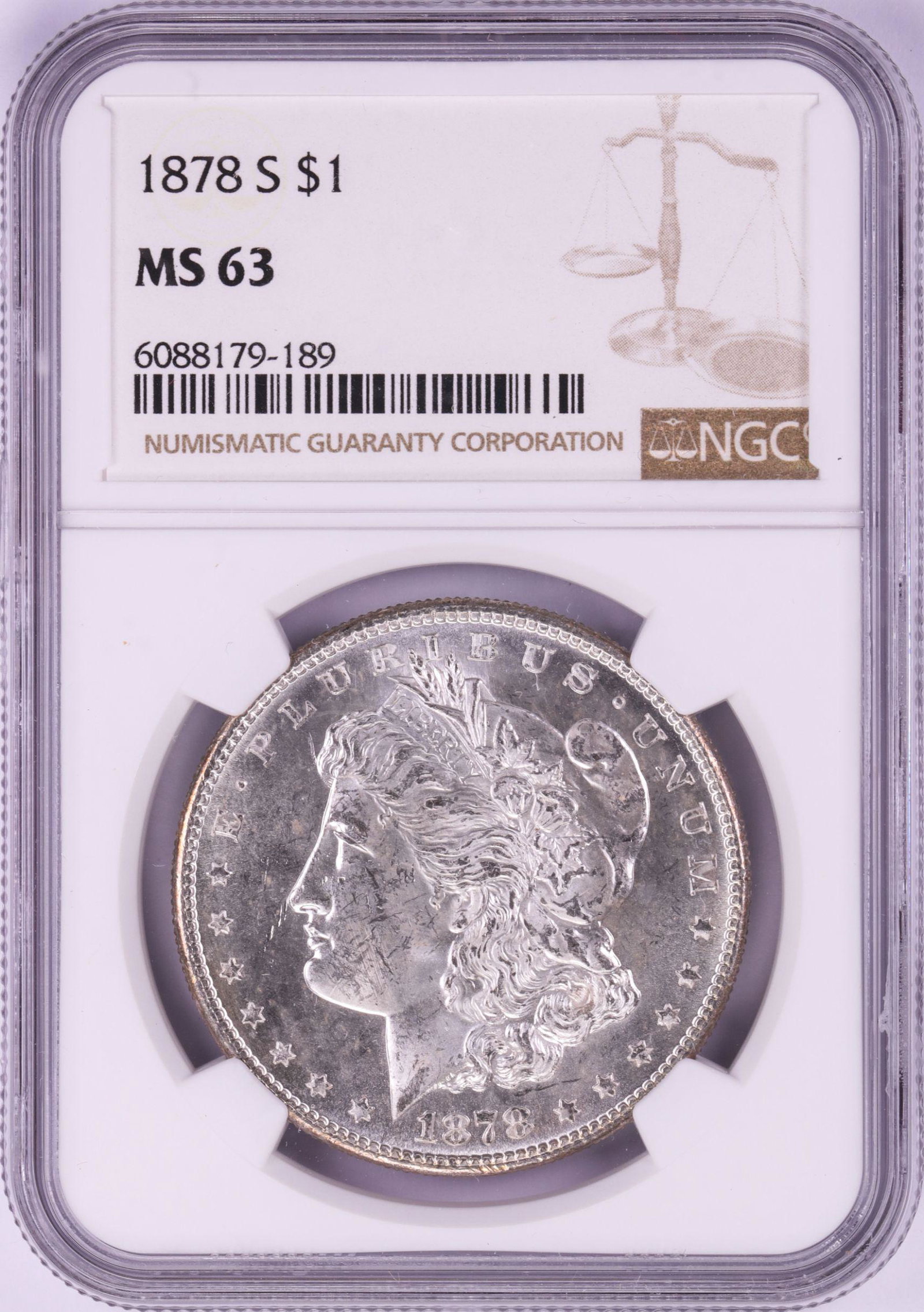 1878-S $1 Morgan Silver Dollar Coin NGC MS63: One 1878-S $1 Morgan Silver Dollar Coin NGC MS63.