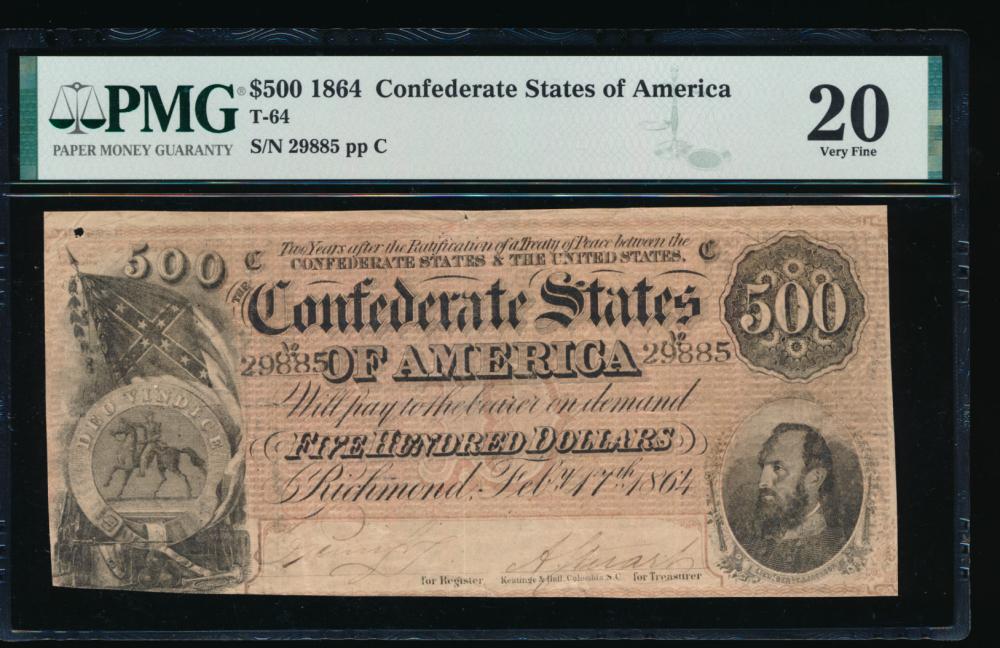 1864 $500 T-64 Confederate PMG 20: One 1864 $500 T-64 Confederate PMG 20.