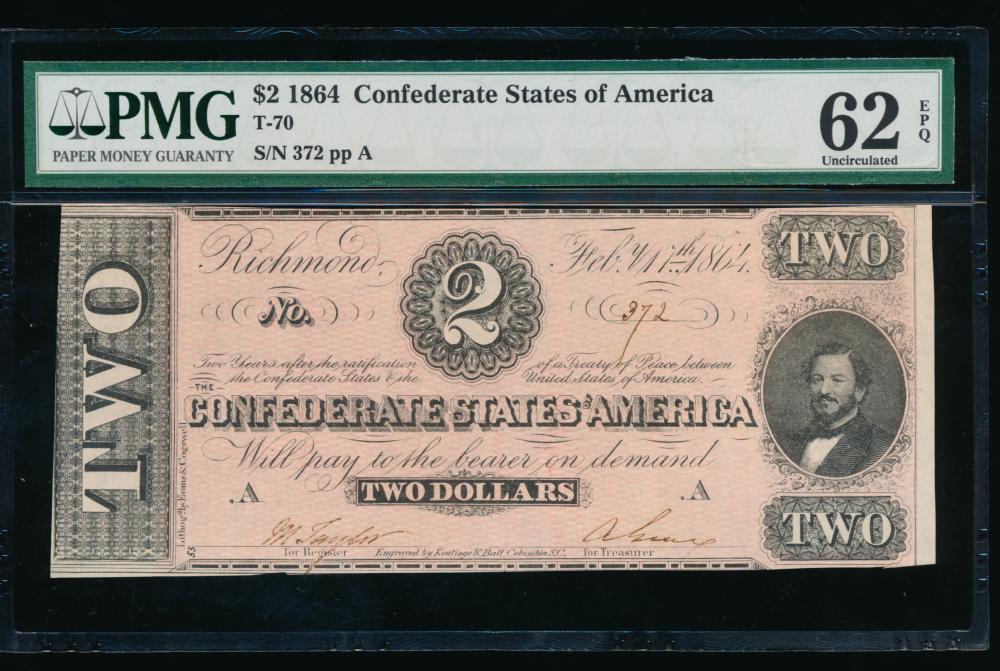 1864 $2 T-70 Confederate PMG 62EPQ: One 1864 $2 T-70 Confederate PMG 62EPQ.