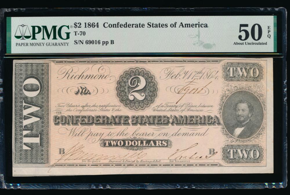 1864 $2 T-70 Confederate PMG 50EPQ: One 1864 $2 T-70 Confederate PMG 50EPQ.