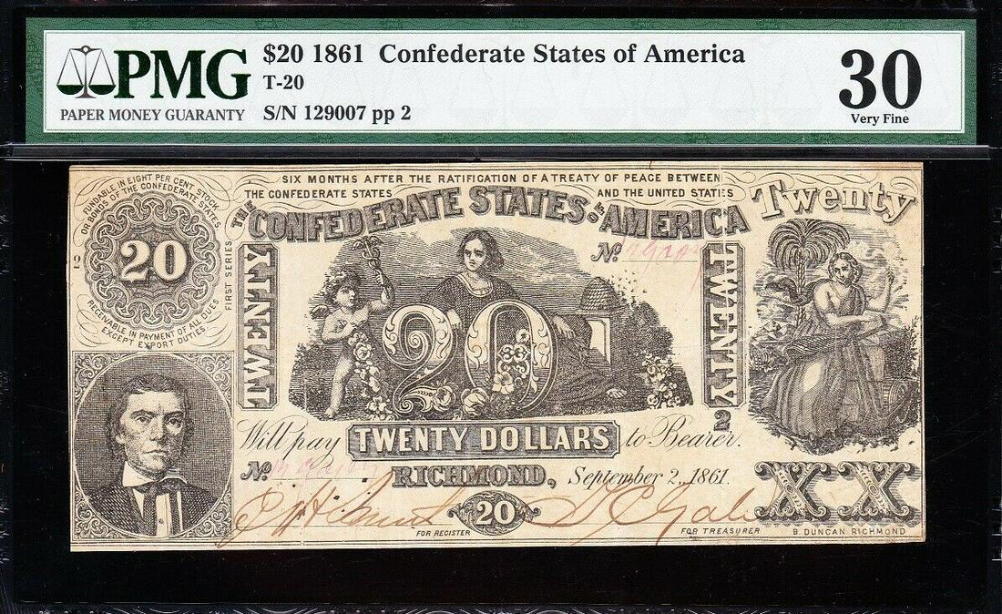 1861 $20 T-20 Confederate PMG 30: One 1861 $20 T-20 Confederate PMG 30.