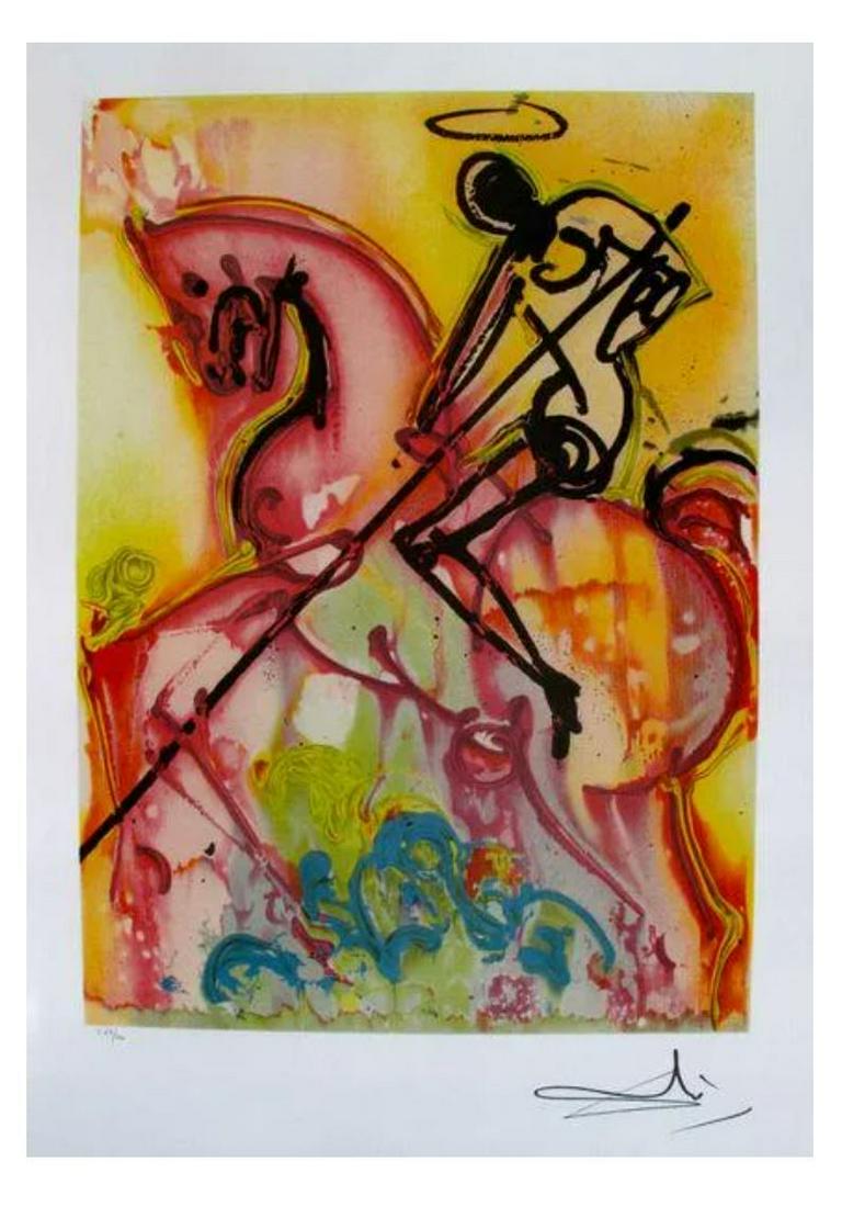 St George and the Dragon Dali Lithograph: Limited Edition made on archival quality paper, facsimile signed and pencil numbered from an edition of 500. Certificate of Authenticity provided. Size is 22 inches by 14.5 inches.