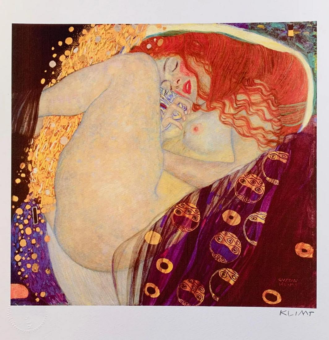 Danae Giclee by Gustav Klimt: Danae Giclee by Gustav Klimt limited edition. This piece is facsimile signed on the lower right. Pencil numbered from an edition of 375.Image measures 15 inches x 10 inches. Paper with border measures