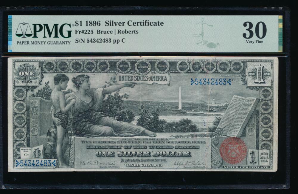 1896 $1 Educational Silver Certificate PMG 30: One 1896 $1 Educational Silver Certificate PMG 30.