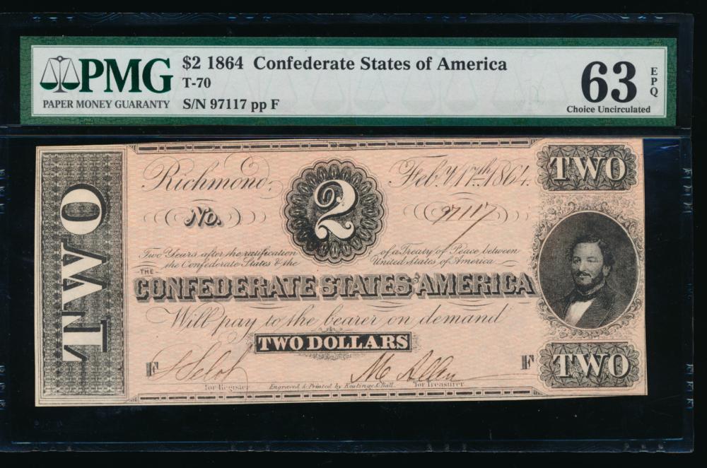 1864 $2 T-70 Confederate PMG 63EPQ: One 1864 $2 T-70 Confederate PMG 63EPQ.
