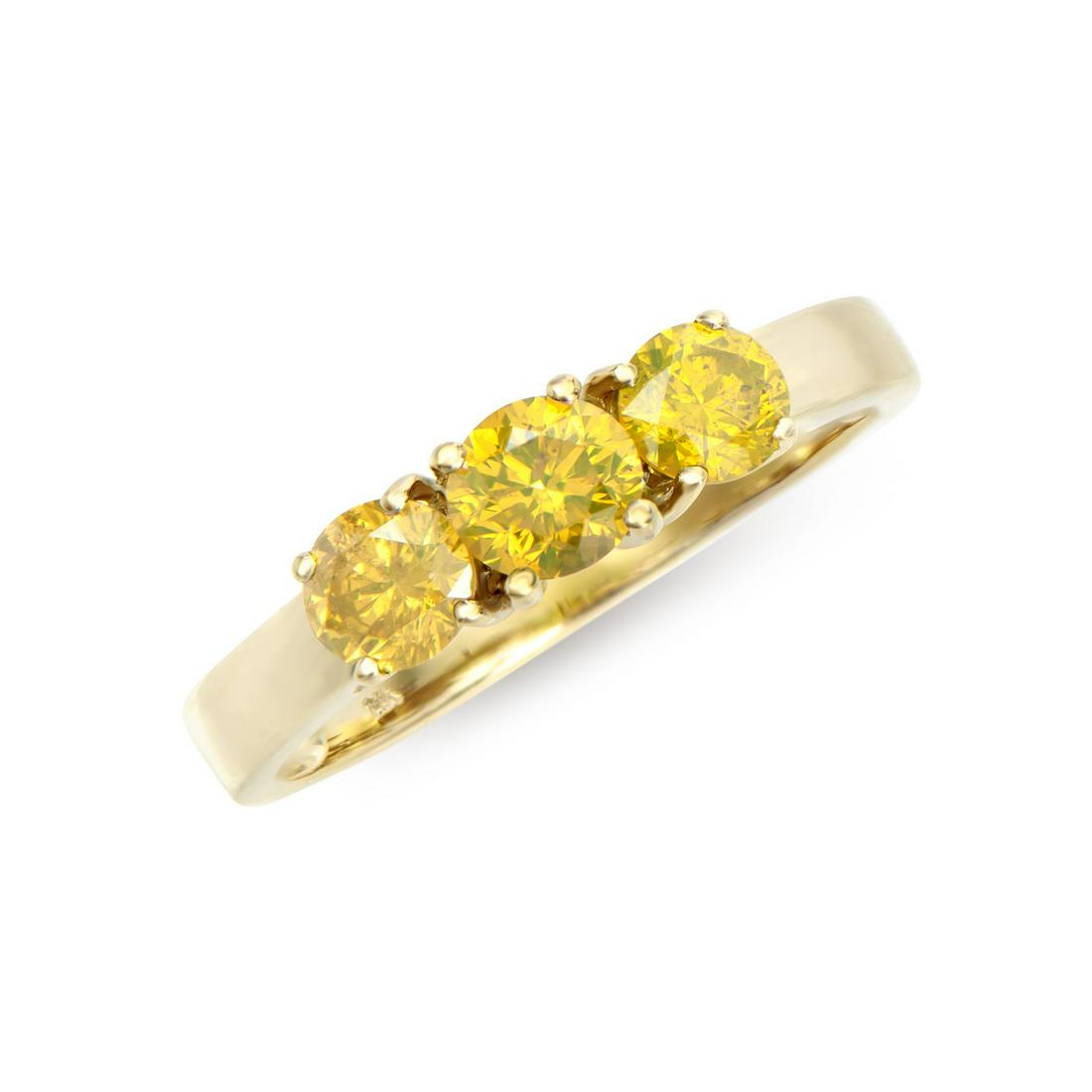 14KT Yellow Gold 1.26ctw Yellow Diamond Ring: (3) round Yellow Diamonds with a total weight of 1.26cts with a color of Yellow and clarity of I1-I2. Total weight of this ring is 2.3 grams. Ring size is 7.5.