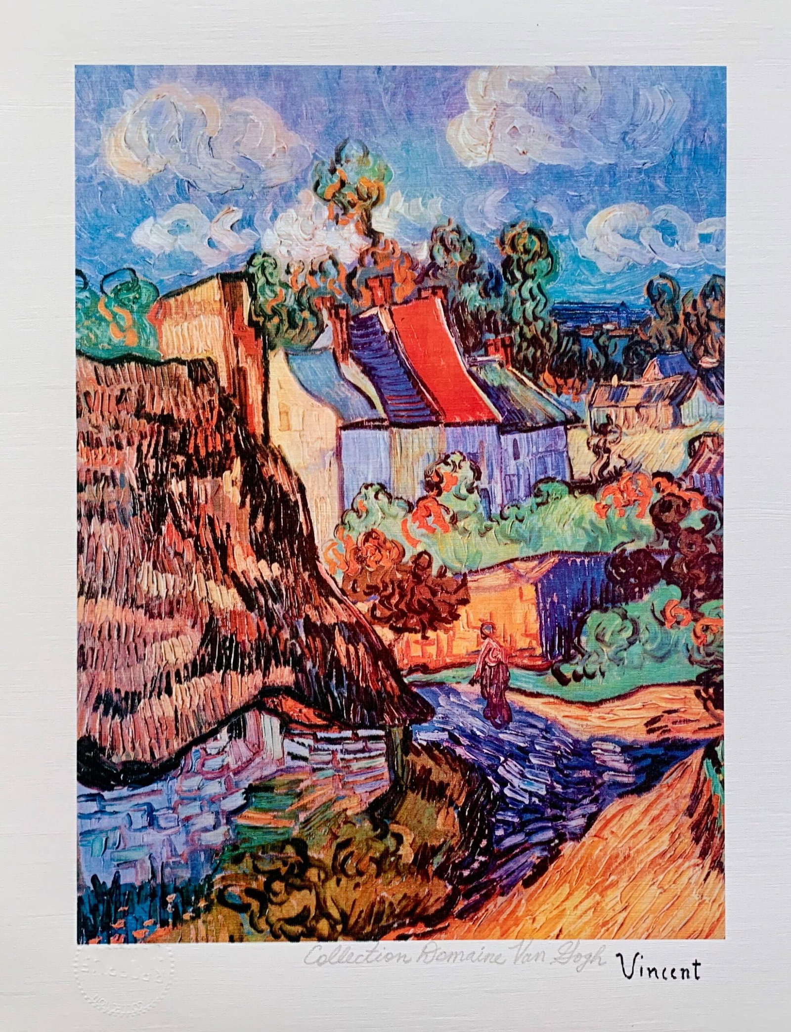 Houses At Auvers by Vincent Van Gogh Estate Signed Giclee: Small size reproduction giclee titled â€œHOUSES AT AUVERS”. This piece is pencil signed on the lower right as â€˜Collection Domaine Van Goghâ€™ and has an embossed seal stamped by t