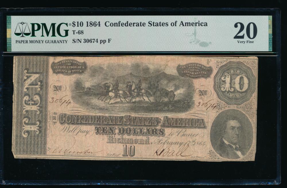 1864 $10 T-68 Confederate PMG 20: One 1864 $10 T-68 Confederate PMG 20.