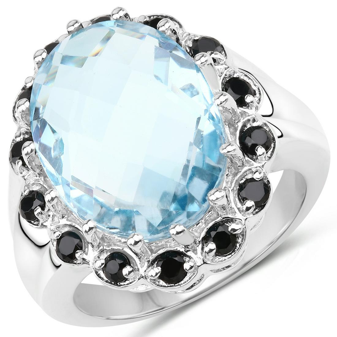 Plated Rhodium 11.93ct Blue Topaaz and Black Spinel Ring: 12.49 Carat Genuine Blue Topaz & Black Spinel .925 Sterling Silver Ring. Blue Topaz Oval/16x12mm - 1/11.93 ctw Natural Irradiated E + Black Spinel Round/2.00mm - 14/0.56 ctw Natural Not Treated N. Tot