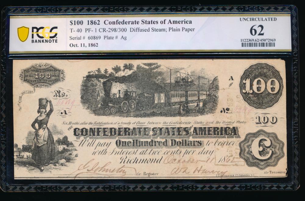 1862 $100 T-40 Confederate PCGS 62: One 1862 $100 T-40 Confederate PCGS 62.