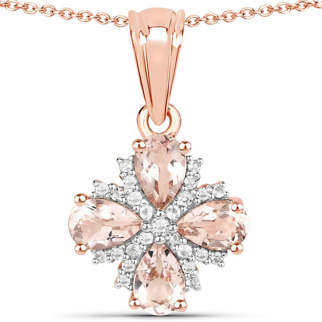 Plated 18KT Rose Gold 1.48ctw Morganite and White Topaz Pendant with Chain: 18K Rose Gold Plated 1.67 Carat Genuine Morganite and White Topaz.925 Sterling Silver Pendant. Morganite Pear/6x4mm - 4/1.48 ctw Prong Setting Natural Irradiated E + White Topaz Round/1.60mm - 1/0.03