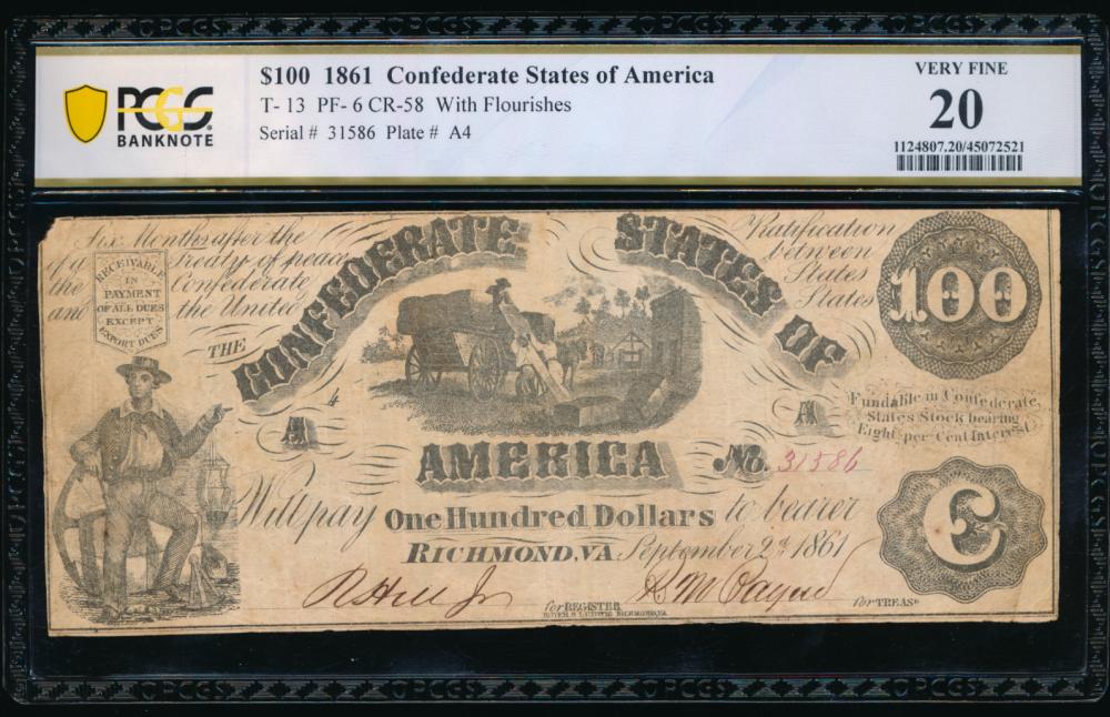 1861 $100 T-13 Confederate PCGS 20: One 1861 $100 T-13 Confederate PCGS 20.