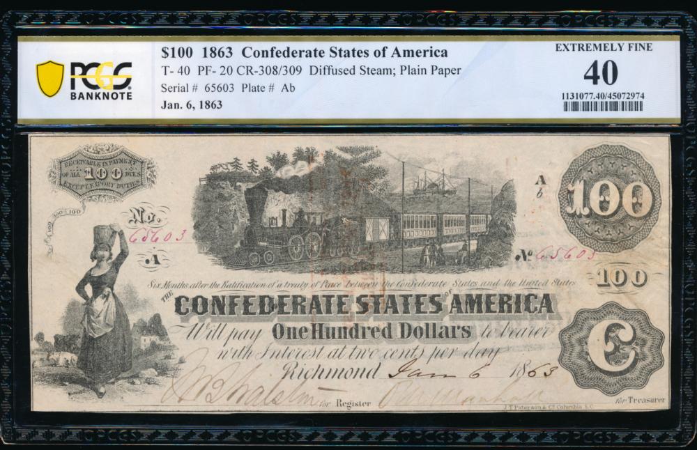 1863 $100 T-40 Confederate PCGS 40: One 1863 $100 T-40 Confederate PCGS 40.