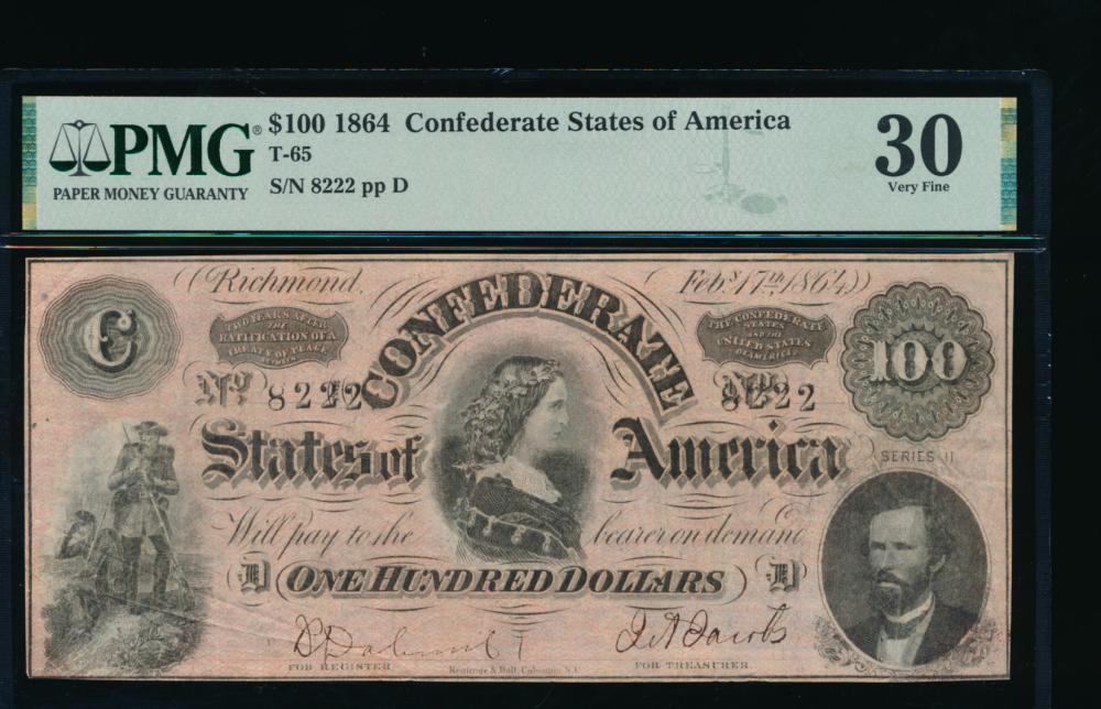 1864 $100 T-65 Confederate PMG 30: One 1864 $100 T-65 Confederate PMG 30.
