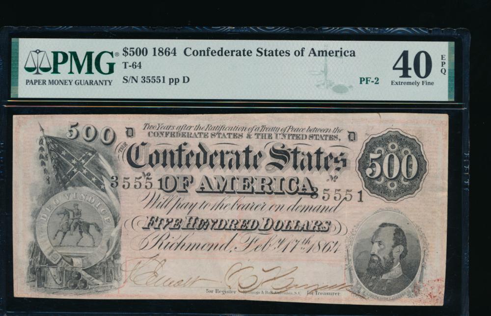 1864 $500 T-64 Confederate PMG 40EPQ: One 1864 $500 T-64 Confederate PMG 40EPQ.