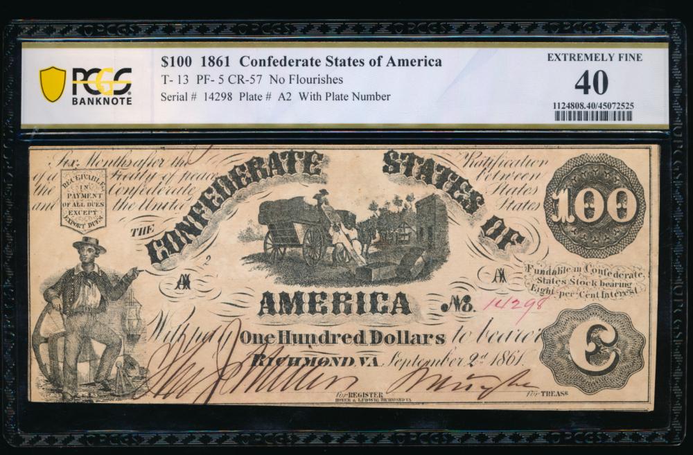 1861 $100 T-13 Confederate PCGS 40: One 1861 $100 T-13 Confederate PCGS 40.