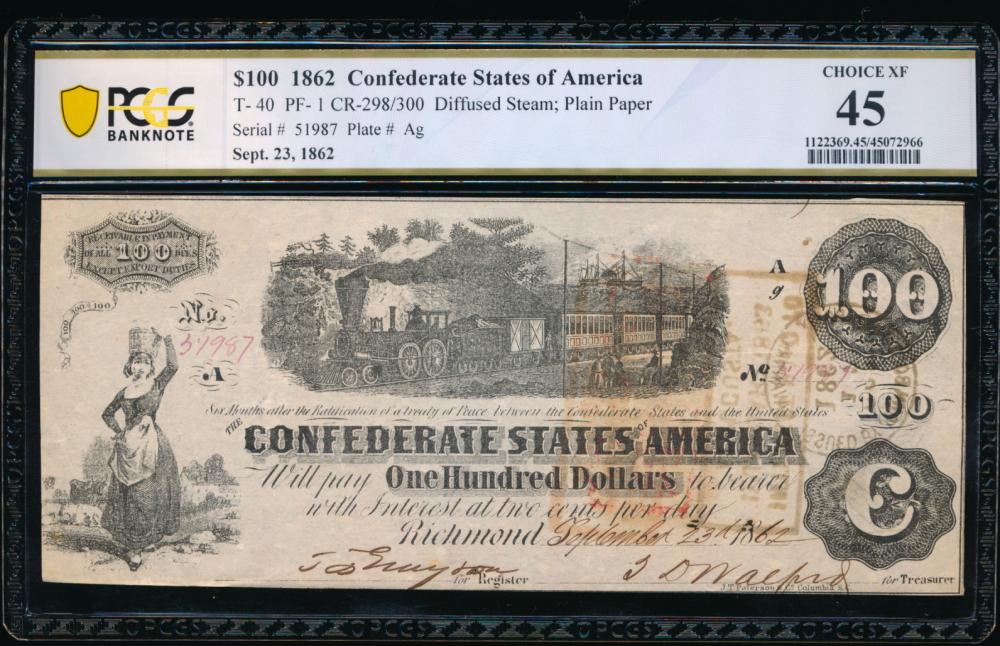 1862 $100 T-40 Confederate PCGS 45: One 1862 $100 T-40 Confederate PCGS 45.