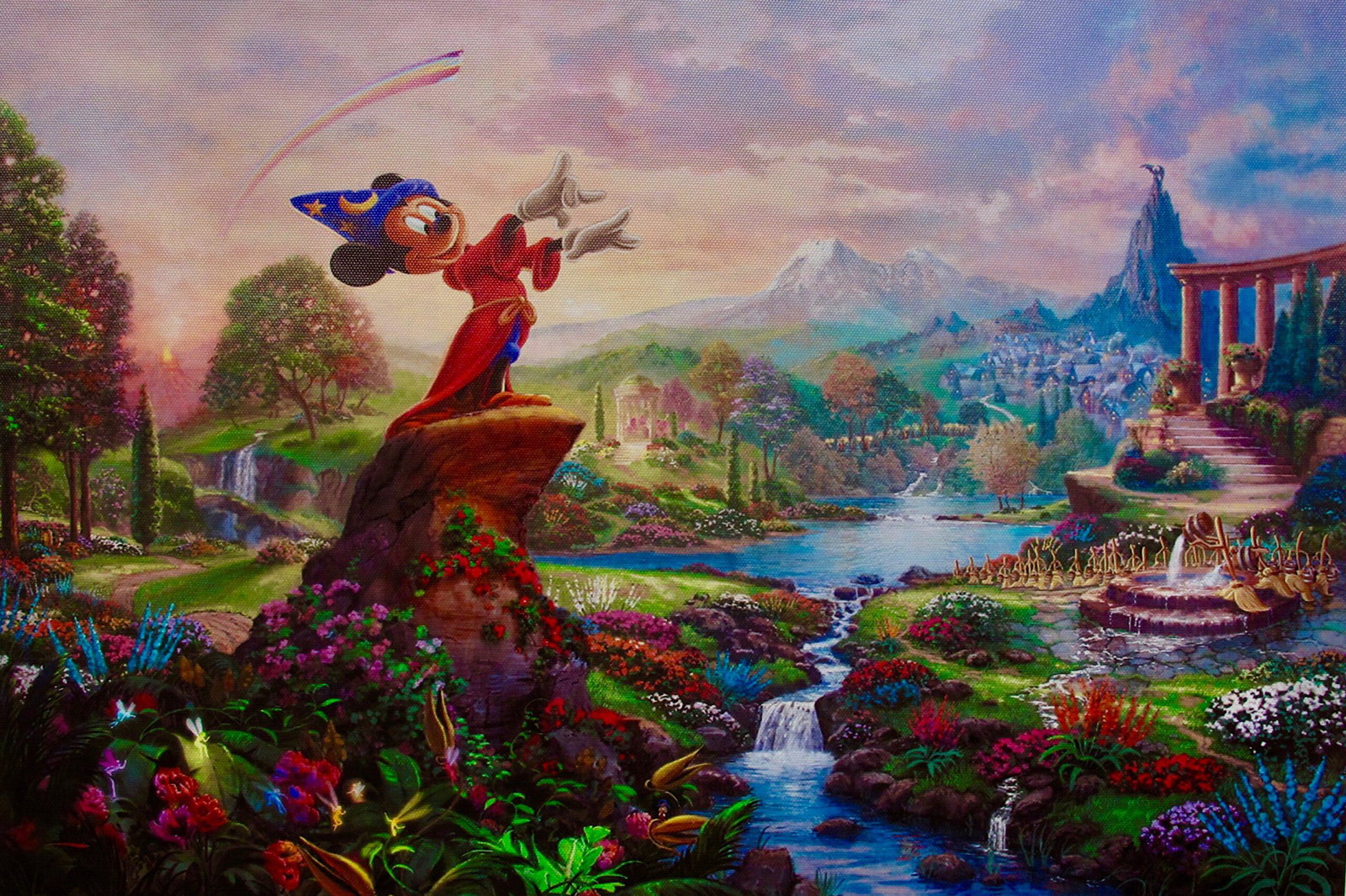 Thomas Kinkade Disney MICKEY MOUSE SORCERER FANTASIA Giclee on Canvas: This is a reproduction Disney giclee on canvas by Thomas Kinkade titled â€œFantasia”. This Giclee features Mickey Mouse as the Sorcerer. Measures: 12â€³ x 16â€³. Beautiful rich color