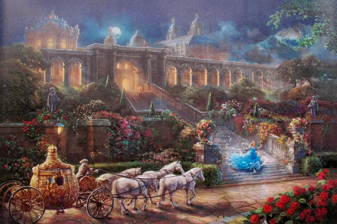 THOMAS KINKADE Cinderella Clock Strikes Midnight Dancing Giclee on Canvas: This is a reproduction giclee on canvas by Thomas Kinkade titled â€œCinderella Clock strikes Midnight” Measures: 12â€³ x 18â€³. Beautiful rich colors! Comes unframed, un-stretched. E