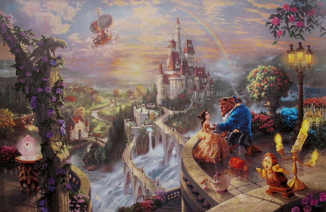 THOMAS KINKADE Beauty and the Beast Giclee on Canvas: This is a reproduction giclee on canvas by Thomas Kinkade titled â€œBeauty and the Beast” Measures: 12â€³ x 18â€³. Beautiful rich colors! Comes unframed, un-stretched. Excellent cond