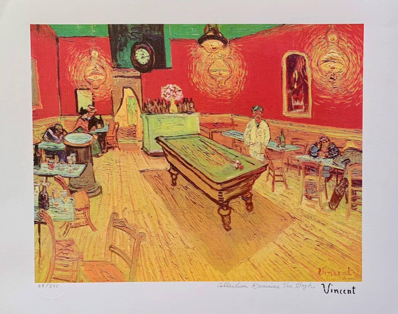 Night Cafe by Vincent Van Gogh Estate Signed Giclee: Reproduction giclee titled â€œThe Night Cafe, Billiard Room”. This piece is pencil signed on the lower right as â€˜Collection Domaine Van Goghâ€™ and has an embossed seal stamped by