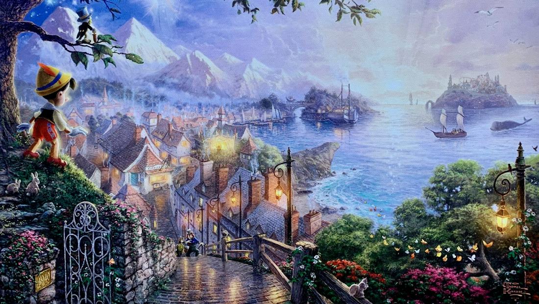 THOMAS KINKADE Pinocchio Giclee on Canvas: This is a reproduction giclee on canvas by Thomas Kinkade titled â€œPinocchio” Measures: 12â€³ x 18â€³. Beautiful rich colors! Comes unframed, un-stretched. Excellent condition!