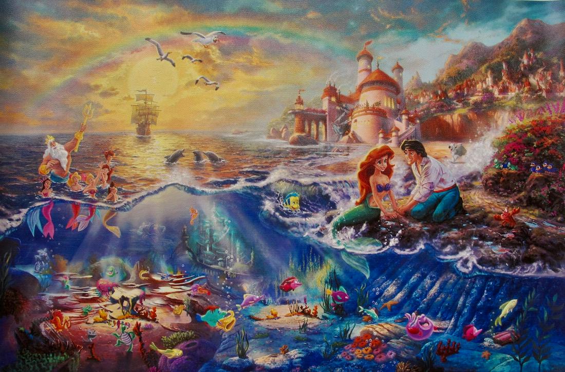 THOMAS KINKADE Ariel The Little Mermaid Giclee on Canvas: This is a reproduction giclee on canvas by Thomas Kinkade titled â€œThe Little Mermaid” Measures: 12â€³ x 18â€³. Beautiful rich colors! Comes unframed, un-stretched. Excellent condit