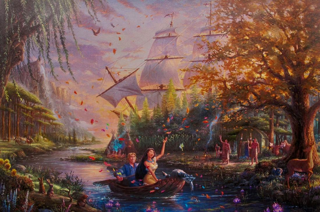 THOMAS KINKADE Pocahontas Giclee on Canvas: This is a reproduction giclee on canvas by Thomas Kinkade titled â€œPocahontas” Measures: 12â€³ x 18â€³. Beautiful rich colors! Comes unframed, un-stretched. Excellent condition!