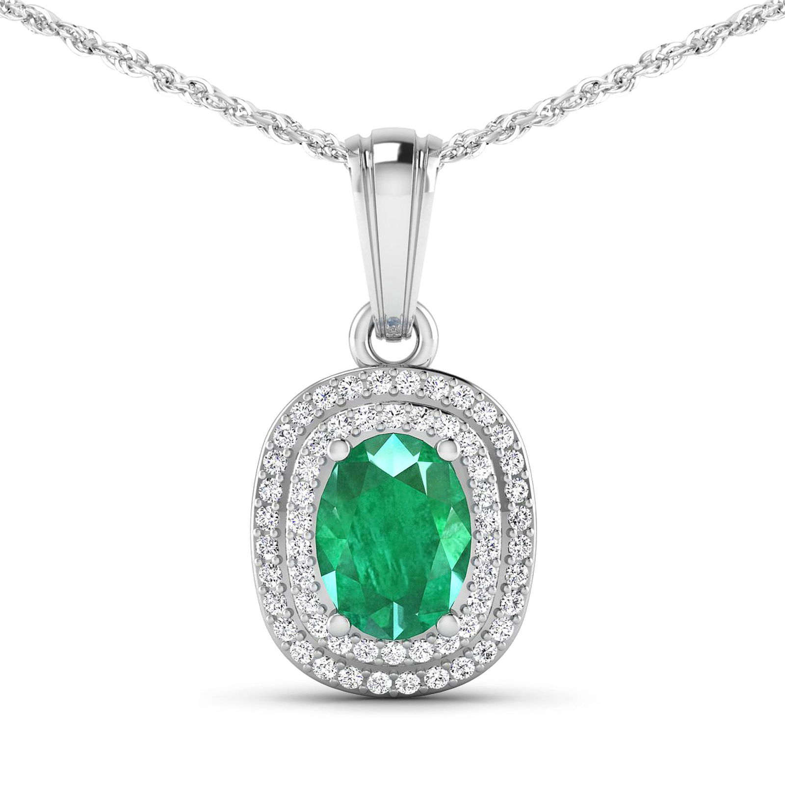 14kt White Gold 1.00ct Emerald And Diamond Pendant With Chain