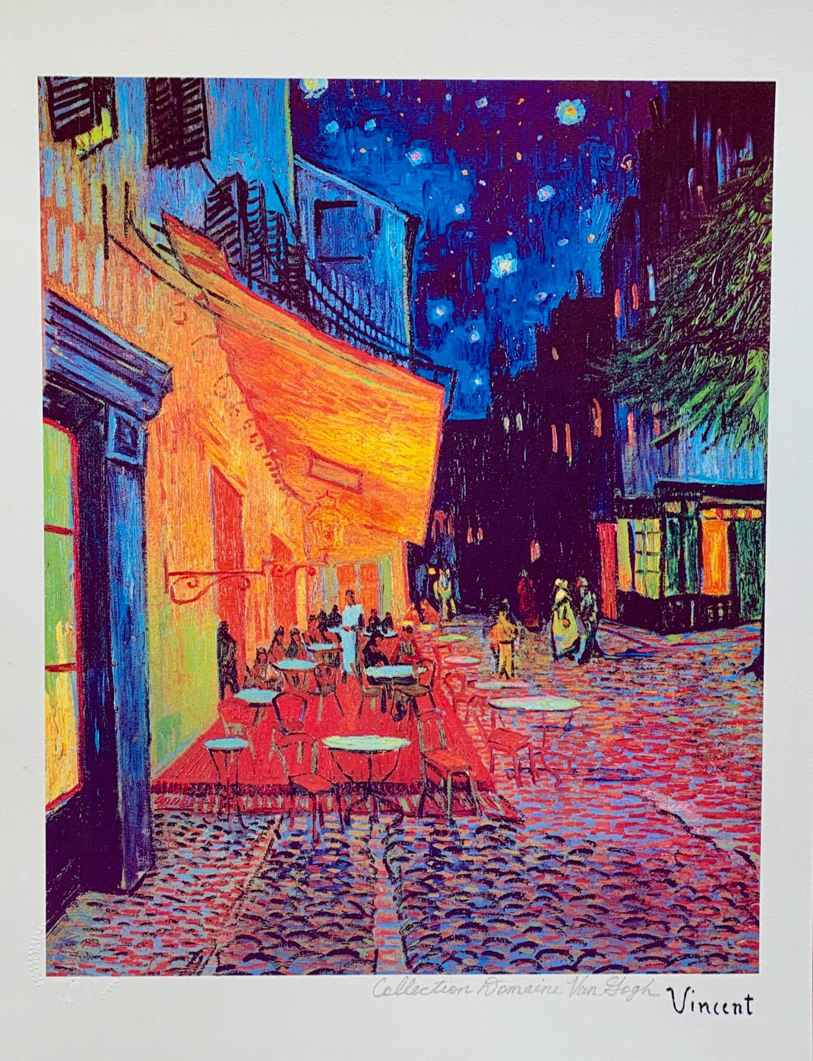 Terrace Cafe by Vincent Van Gogh Estate Signed Giclee: Small size reproduction giclee titled â€œThe Terrace Cafe”. This piece is pencil signed on the lower right as â€˜Collection Domaine Van Goghâ€™ and has an embossed seal stamped by t