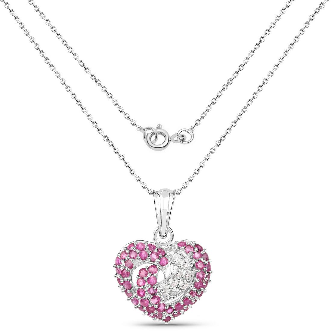 Plated Rhodium 2.25ctw Ruby and White Sapphire Pendant with Chain: 2.75 Carat Genuine Ruby & White Sapphire.925 Sterling Silver Pendant. Ruby Round/1.90-2.00mm - 50/2.25 ctw Natural Heat Treated F + White Sapphire Round/1.90mm - 10/0.50 ctw Natural Heat Treated E. To