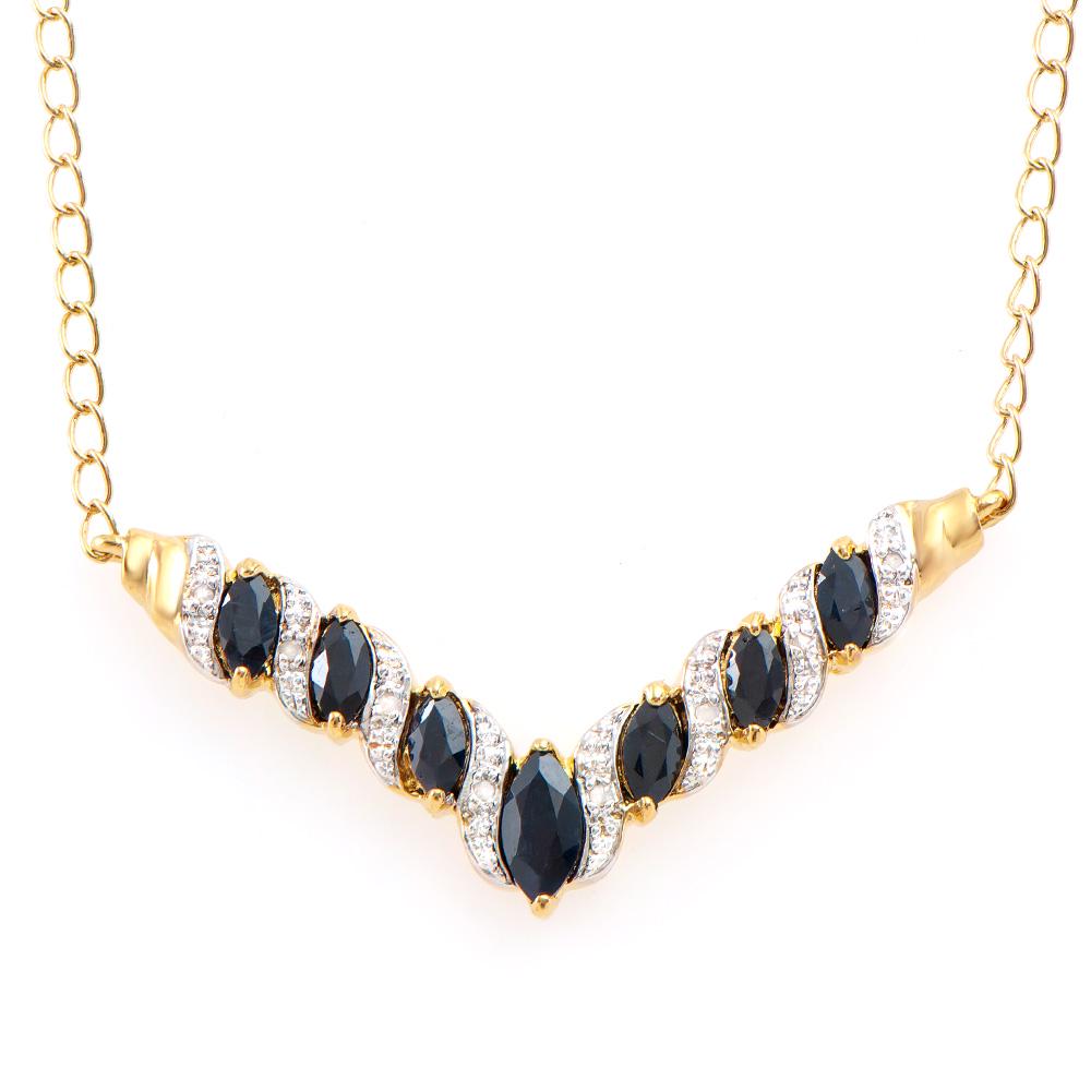 Plated 18KT Yellow Gold 2.67ctw Black Sapphire and Diamond Pendant with Chain: One Plated 18KT Yellow Gold 2.67ctw Black Sapphire and Diamond Pendant with Chain. (7) Black Sapphires with a total weight of 2.67cts. Diamonds with a total weight of 0.06cts with a color of I-J and c