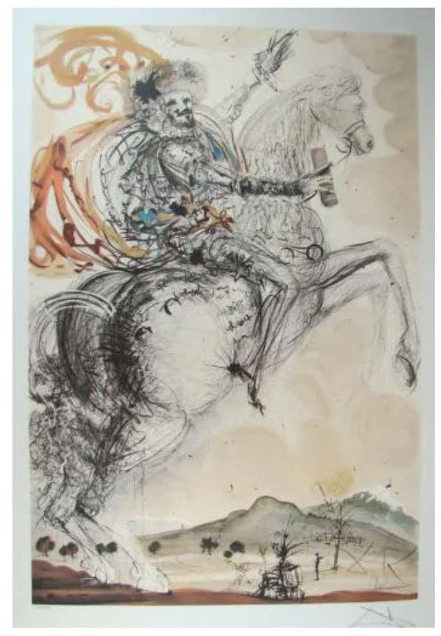 Don Quixote Lithograph by Salvador Dali: Don Quixote Lithograph by Salvador Dali. Made on archival quality paper, facsimile signed and pencil numbered from an edition of 500. Certificate of Authenticity provided. Size 28 inches by 19 inches.