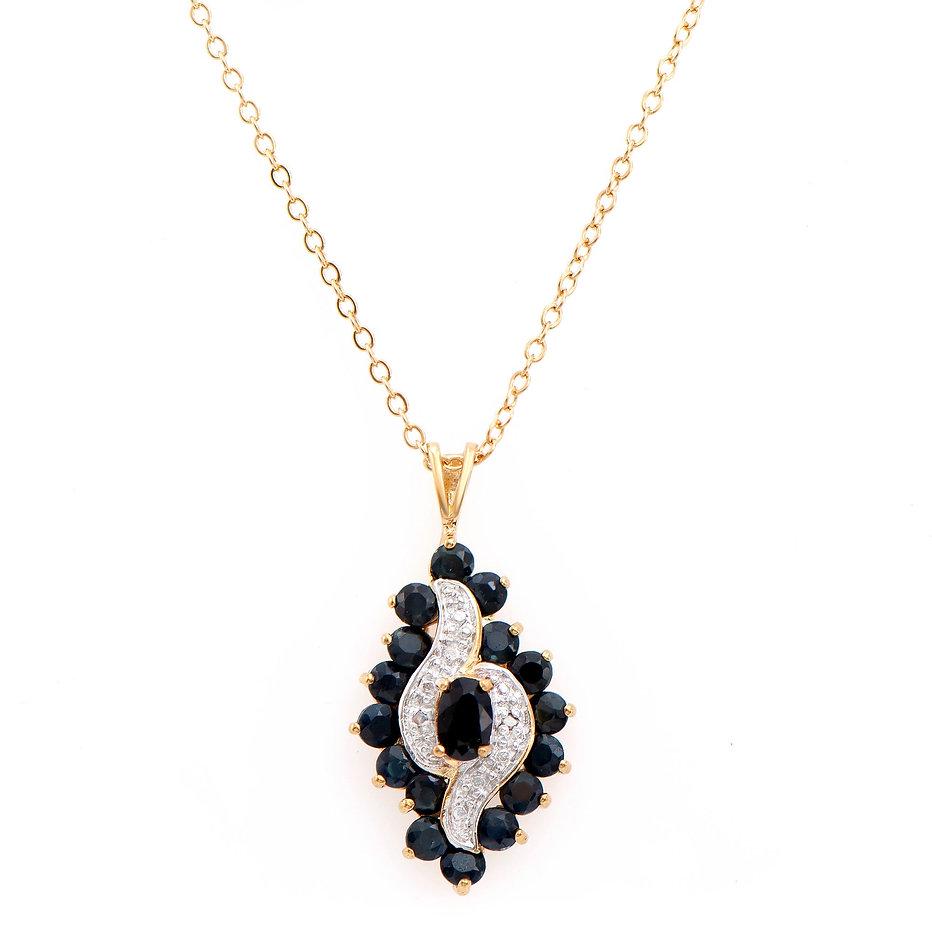 Plated 18KT Yellow Gold 2.81ctw Black Sapphire and Diamond Pendant with Chain: One Plated 18KT Yellow Gold 2.81ctw Black Sapphire and Diamond Pendant with Chain. (1) Black sapphire center stone with a total weight of 0.65cts. (16) black sapphires with a total weight of 2.16cts. 