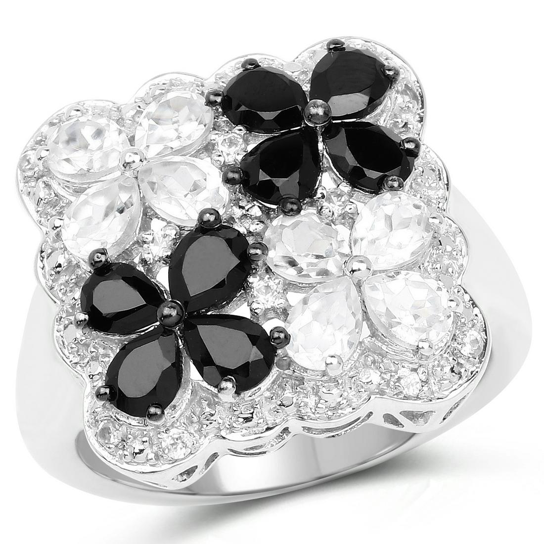 Plated Rhodium 1.36ctw Black Spinel and White Topaz Ring: 2.88 Carat Genuine White Topaz and Black Spinel.925 Sterling Silver Ring. White Topaz Pear/4x3mm - 8/1.44 ctw Natural Heat Treated C + Black Spinel Pear/4x3mm - 8/1.36 ctw Natural Not Treated N + Whit